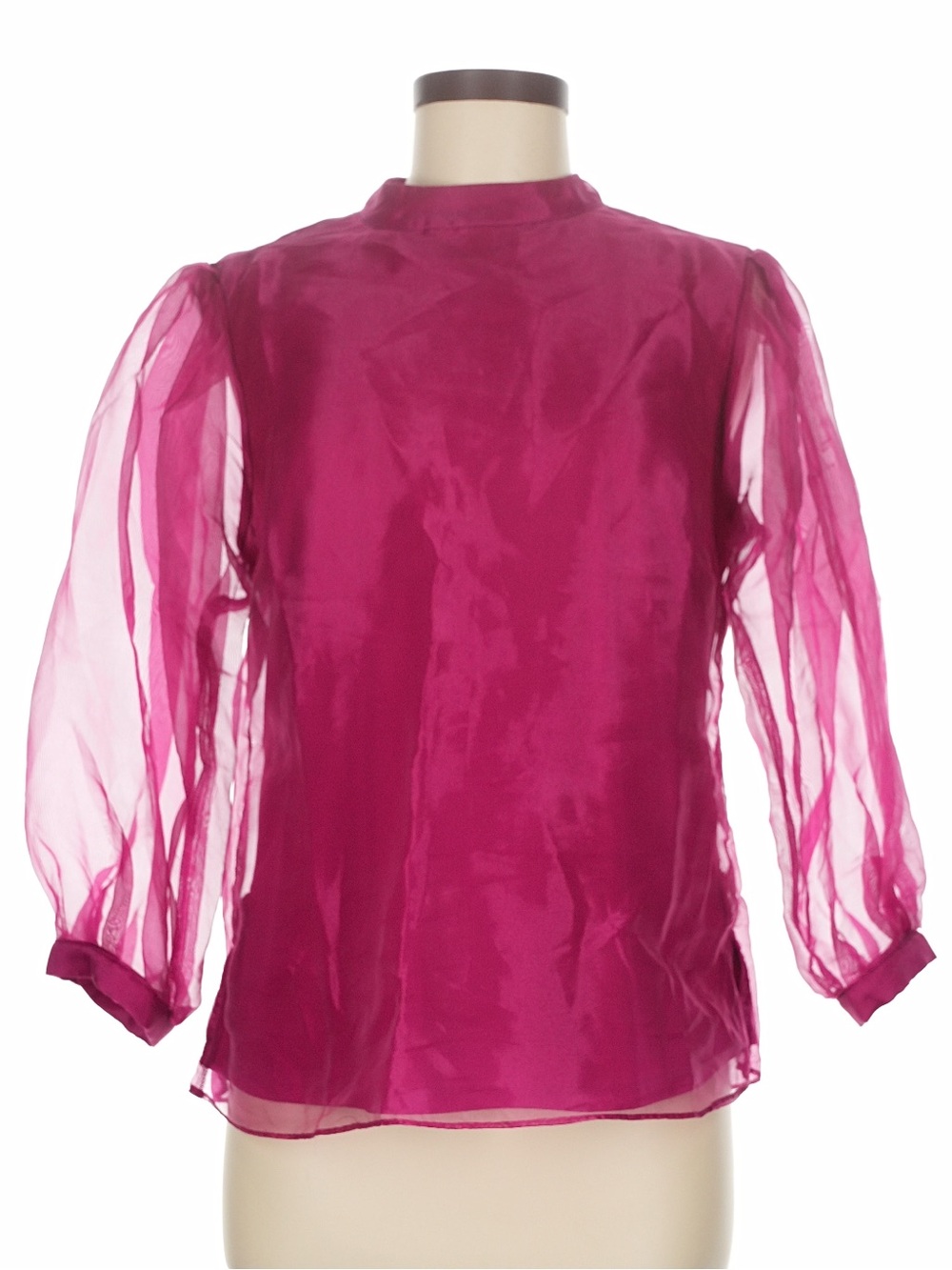 CeCe Fuchsia Pink Organza Sheer Puff Sleeve Bow Back Blouse Top Size M Party